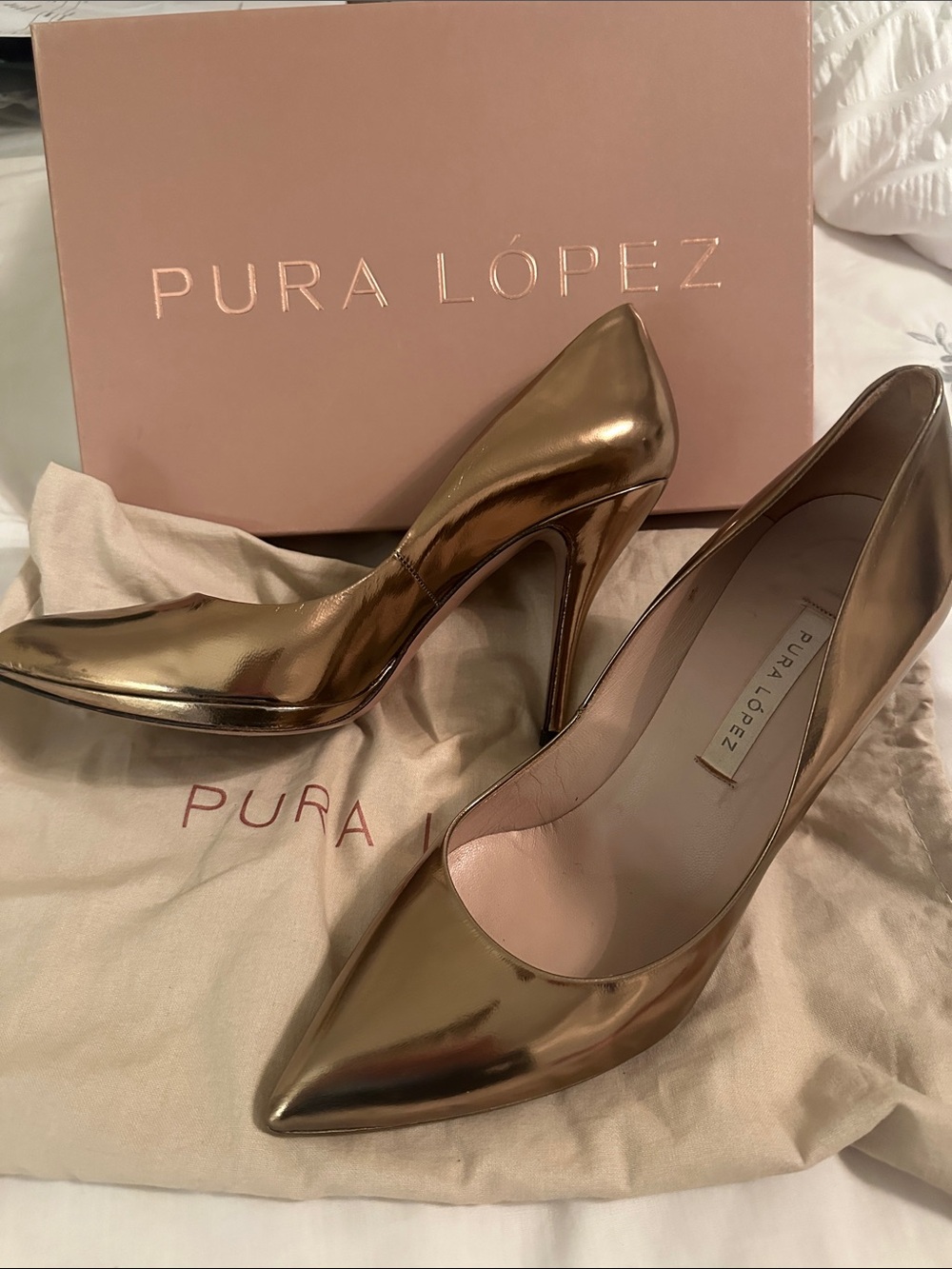 Pura López Metallic Gold Pointed-Toe Stiletto Pumps